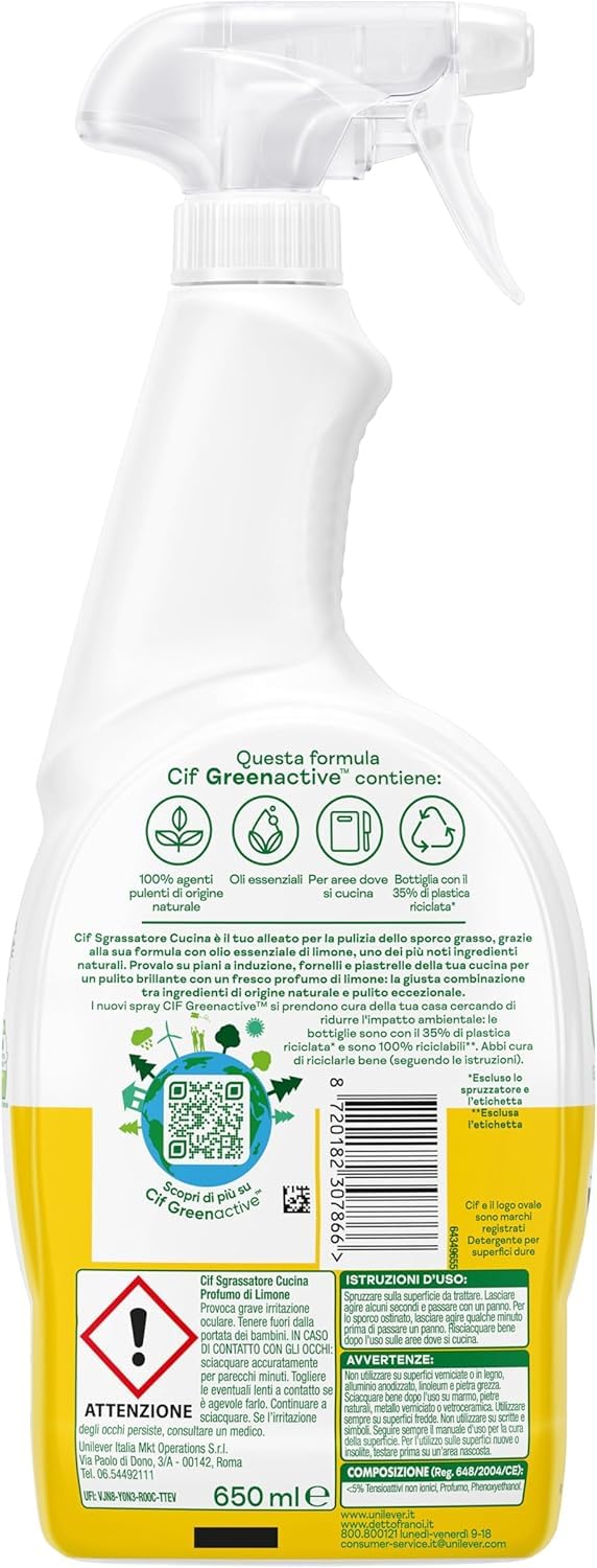 Cif Desengrasante de cocina universal con aceite esencial de limón, 650 ml, para cocinas de inducción, cocinas y azulejos en tu cocina, 100% 12 x 650 ml + Polpa italiana Gourmet 400 g