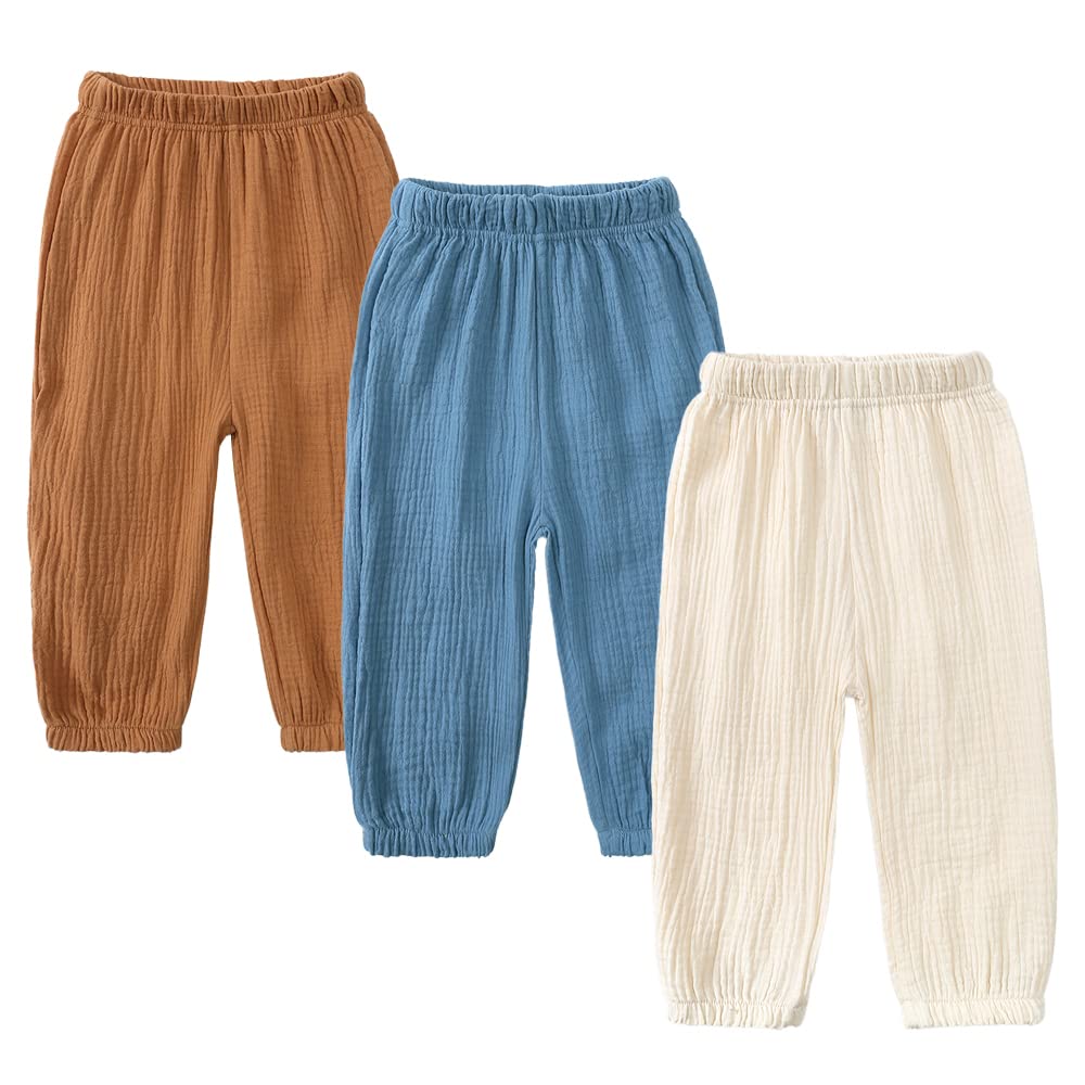Kids Tales 3 Pack Boys Girls Cotton Linen Pants Child Basic Plain Solid Trousers Big Kids Elastic Waist Long Pants Bloomers