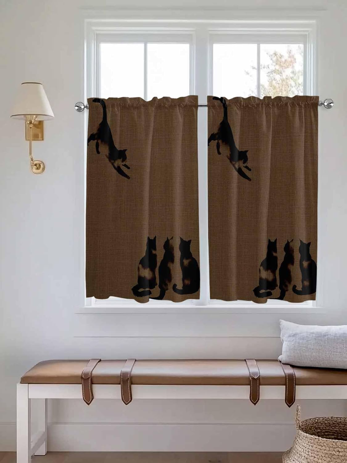 Short Curtains 45 Inch Length - 2 Panels, Black Brown Cat Rod Pocket Curtain Panels, Retro Art Animals Rustic Window Treatment for Bedroom/Kitchen/Bathroom Windows, 55W x 45L Inch