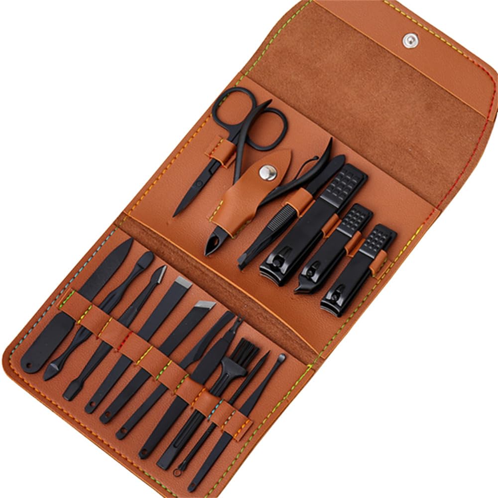 Set di tagliaunghie borsa in pelle tagliaunghie manicure pedicure uomo viaggio casa strumenti per la cura delle unghie acciaio inossidabile, 16 pezzi caffè