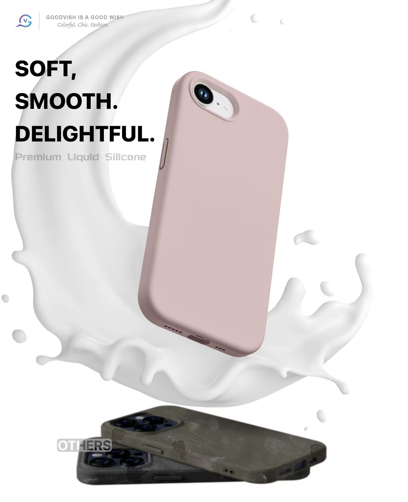 GOODVISH 3 in 1 Silicone Cover per iPhone 16e 6.1", Custodia con 2 Pellicola Vetro Temperato [Protezione Fotocamera] Protezione Anticaduta Case per Cellulare Antiurto Resistente, Rosa Sabbia