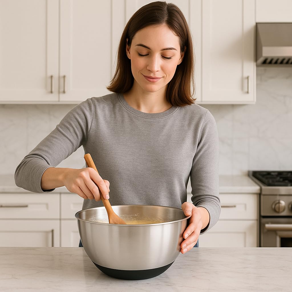 MGE - Ciotola da Cucina in Acciaio Inox e Base in Silicone Antiscivolo - Ciotola Insalatiera con Base in Silicone - Scala di Misurazione - Insalatiere Acciaio Inox - Ciotole in Acciaio da Cucina 26 cm
