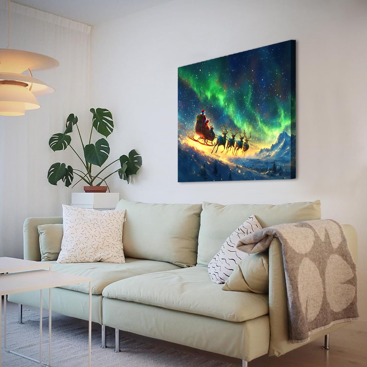 SHENGPOSTER Święty Mikołaj sanki wydruki na płótnie Aurora Borealis Wall Art Winter Wonderland Dekoracja ścienna do salonu jadalnia mieszkanie gotowe do powieszenia 50 x 50 cm Rama wewnętrzna