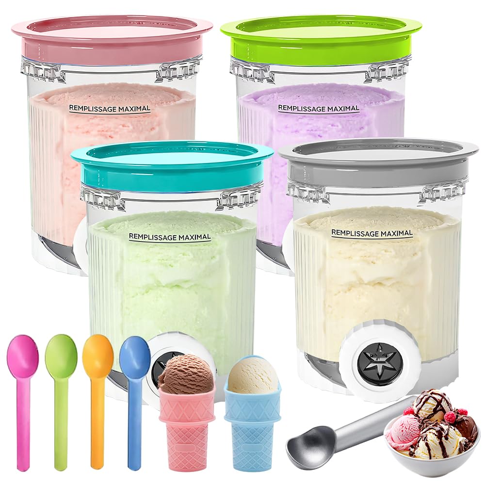 NAVESO 4 Pièces Pot pour Ninja Creamy Deluxe 500ml, Récipient pour Ninja Creami avec Couvercle et Cuillère, Accessoires pour Machine à Glace Ninja pour Série NC700, Sans BPA et Lave-Vaisselle