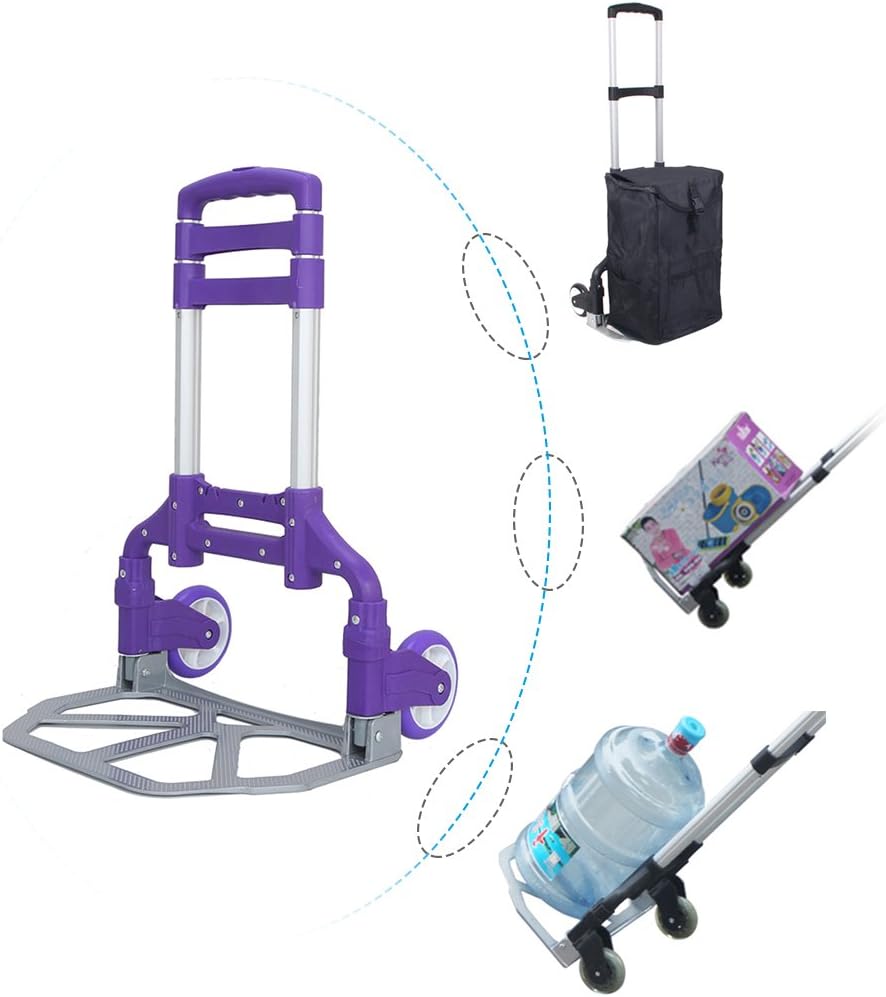 Hand Truck and Dolly up to 150 lb Capacity, Adjustable Aluminum Folding Hand Cart with PU Rubber Wheels (Purple)