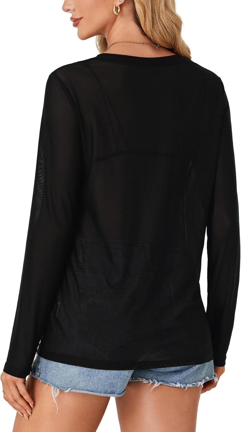 LYANER Women's Sheer Mesh Long Sleeve Round Neck Sexy See Through Blouse Shirt Top - Image 5