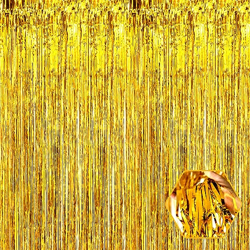 Image of 6 Pack Gold Foil Fringe Curtain Backdrop, 3.28Ft x 8.2Ft Metallic Tinsel Foil Fringe Streamer Curtains for Photo Booth, Christmas Day, Thanksgiving, Wedding, New Year Party Decorations