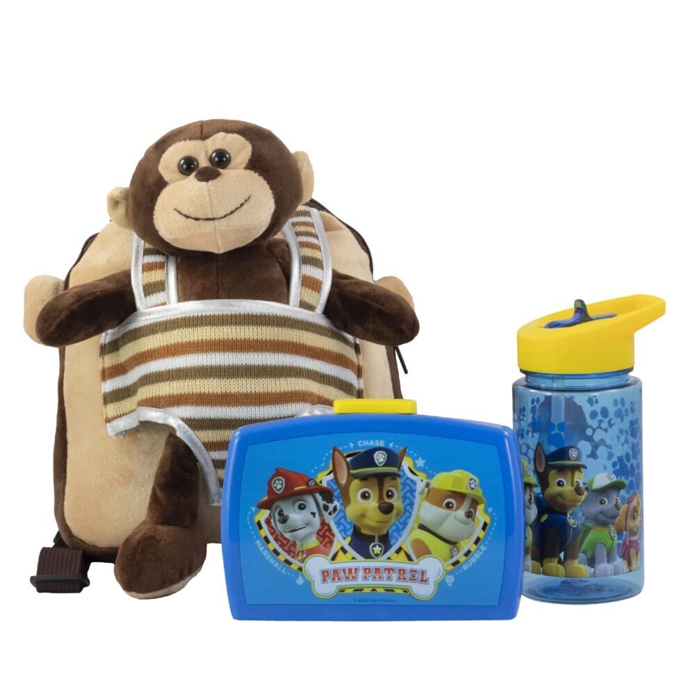 P:os – Mochila Infantil con Peluche extraíble Mono MAX, Azul, 24 x 20 x 30 cm, Mochila Infantil con Peluche, Fiambrera y Botella de Agua