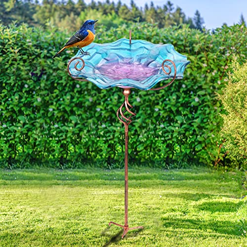Vcuteka Bird Bath, Glass Bird Baths For Outdoors Birdfeeder With Metal Stake Birdbath Garden Decor, 31 Inch Height Blue #TOP1