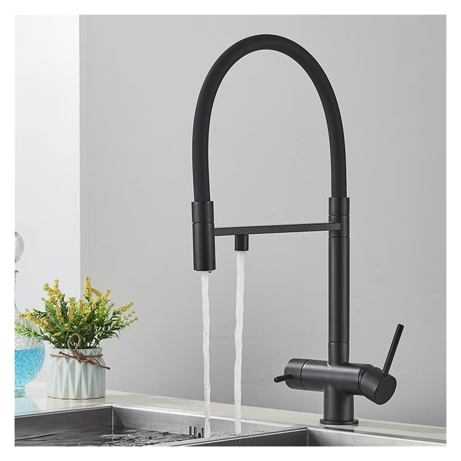 Grifo de filtro de cocina negro con purificador de latón de punto grifo doble pulverizador de agua potable para el grifo del fregadero del fregadero (gris)