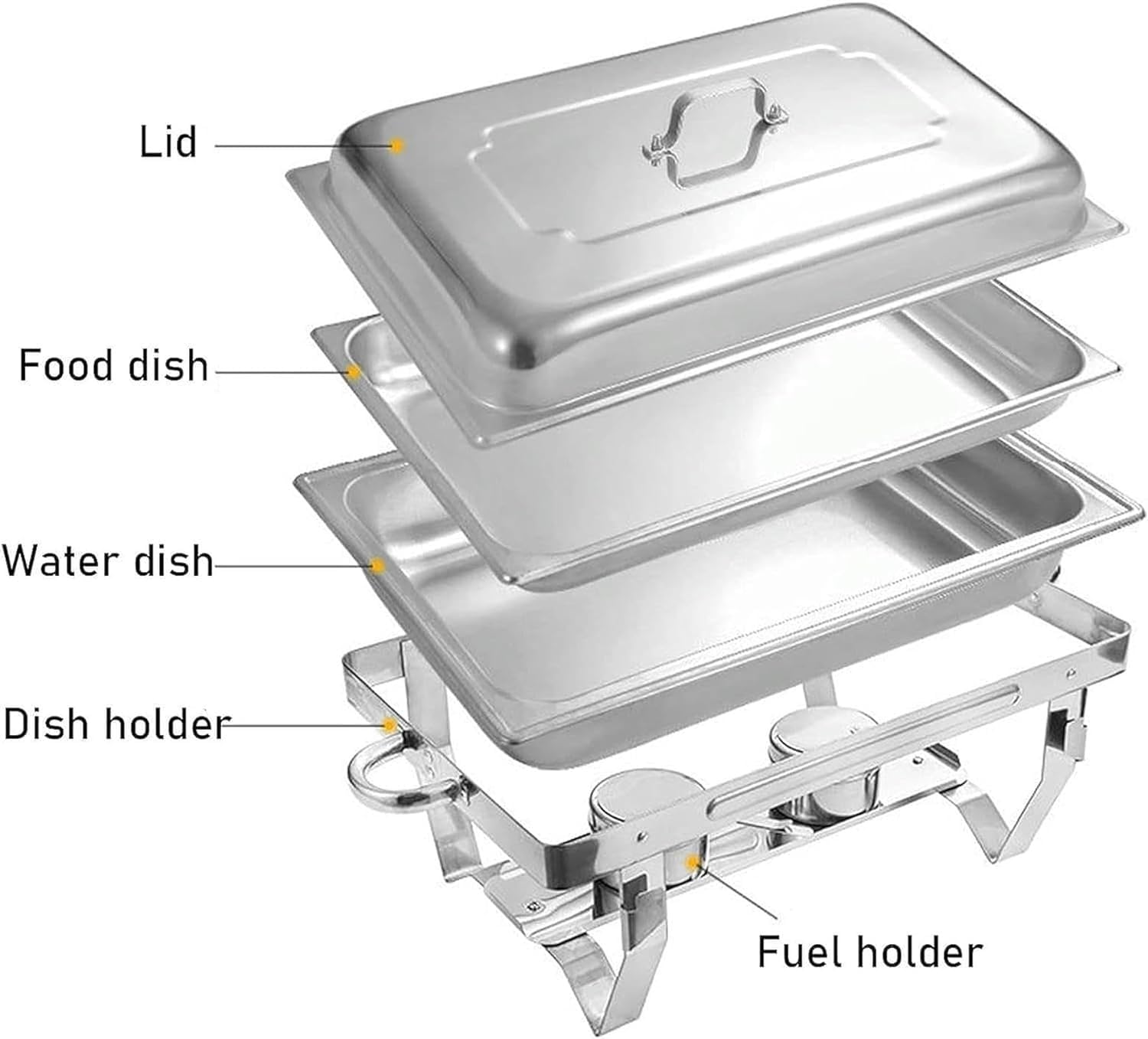 Juego de calentador de buffet de acero inoxidable, calentador de alimentos de 11 litros con tapa abatible, estante de combustible y plato de alimentos para catering y eventos