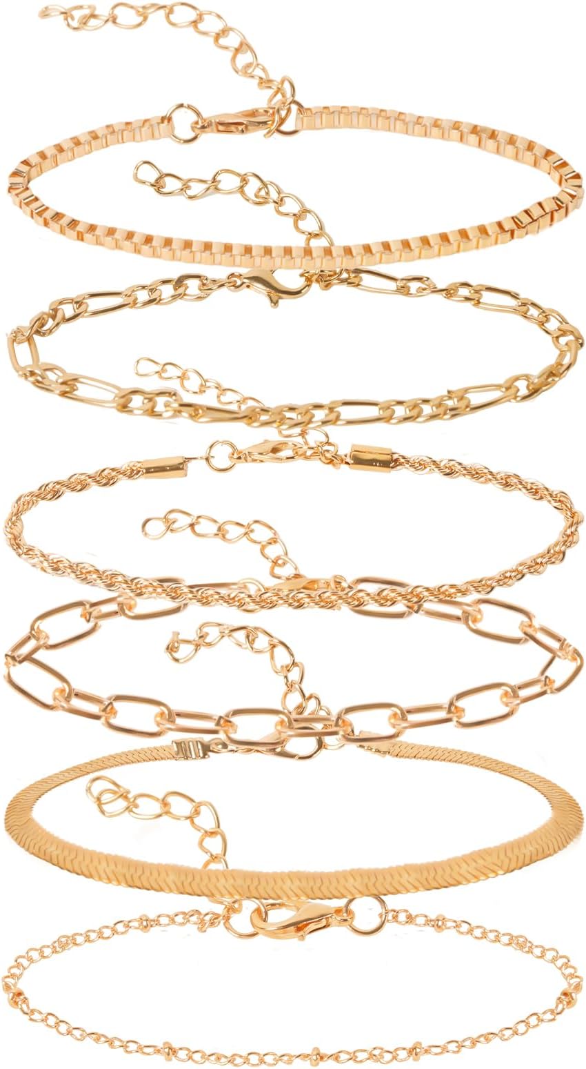 Gold Bracelets for Women, 6PCS 14K Real Gold Plated Dainty Bracelets Stack, Adjustable Layered Stackable Ankle Bracelets Jewelry Set Gifts for Women