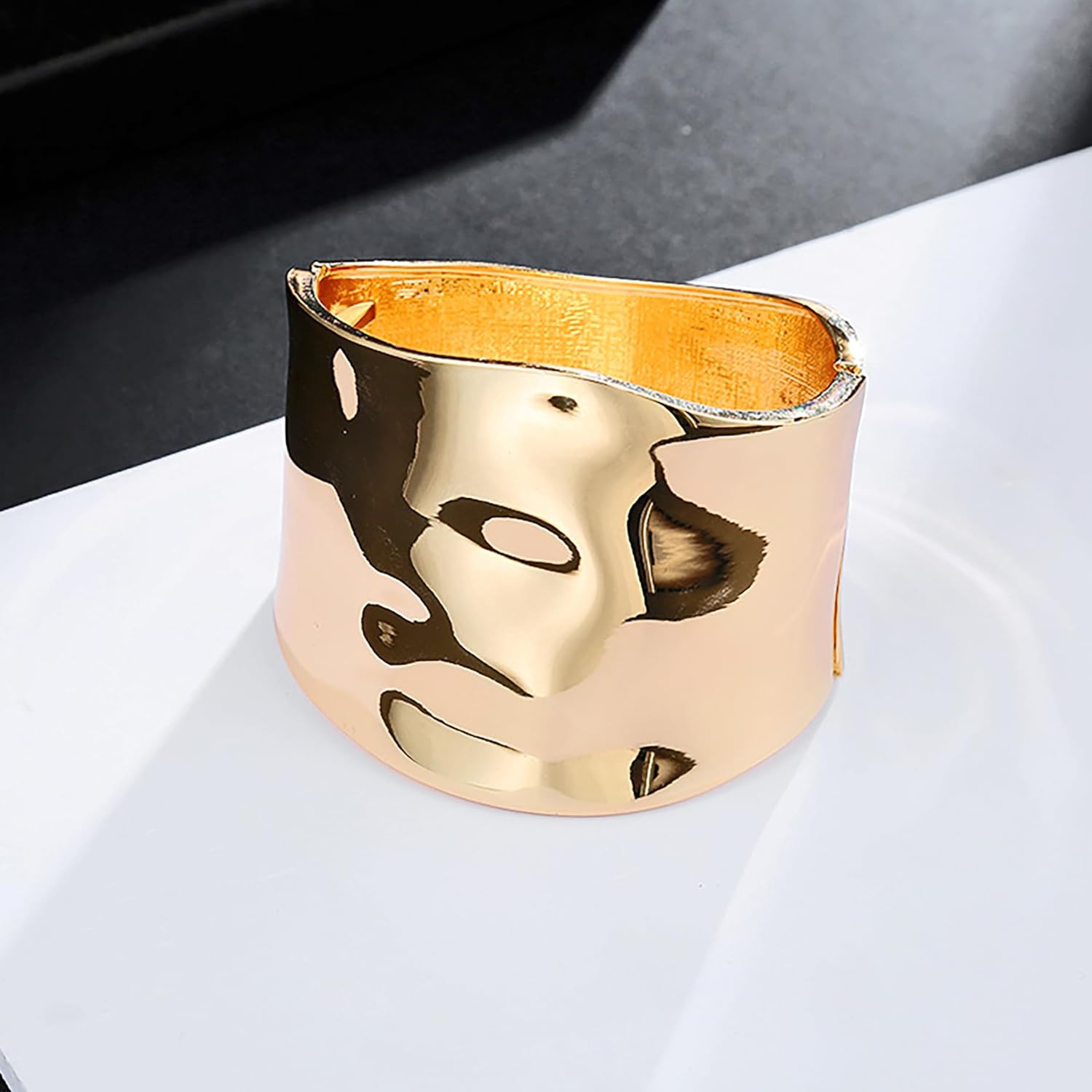 14K Gold Plated Wide Cuff Bangle Bracelet, Gold, Yellow Gold, Women's, Trendy Chunky Style, Adult, Medium, 20 Grams, Gold Plated Silver, 2 Inches - Image 4