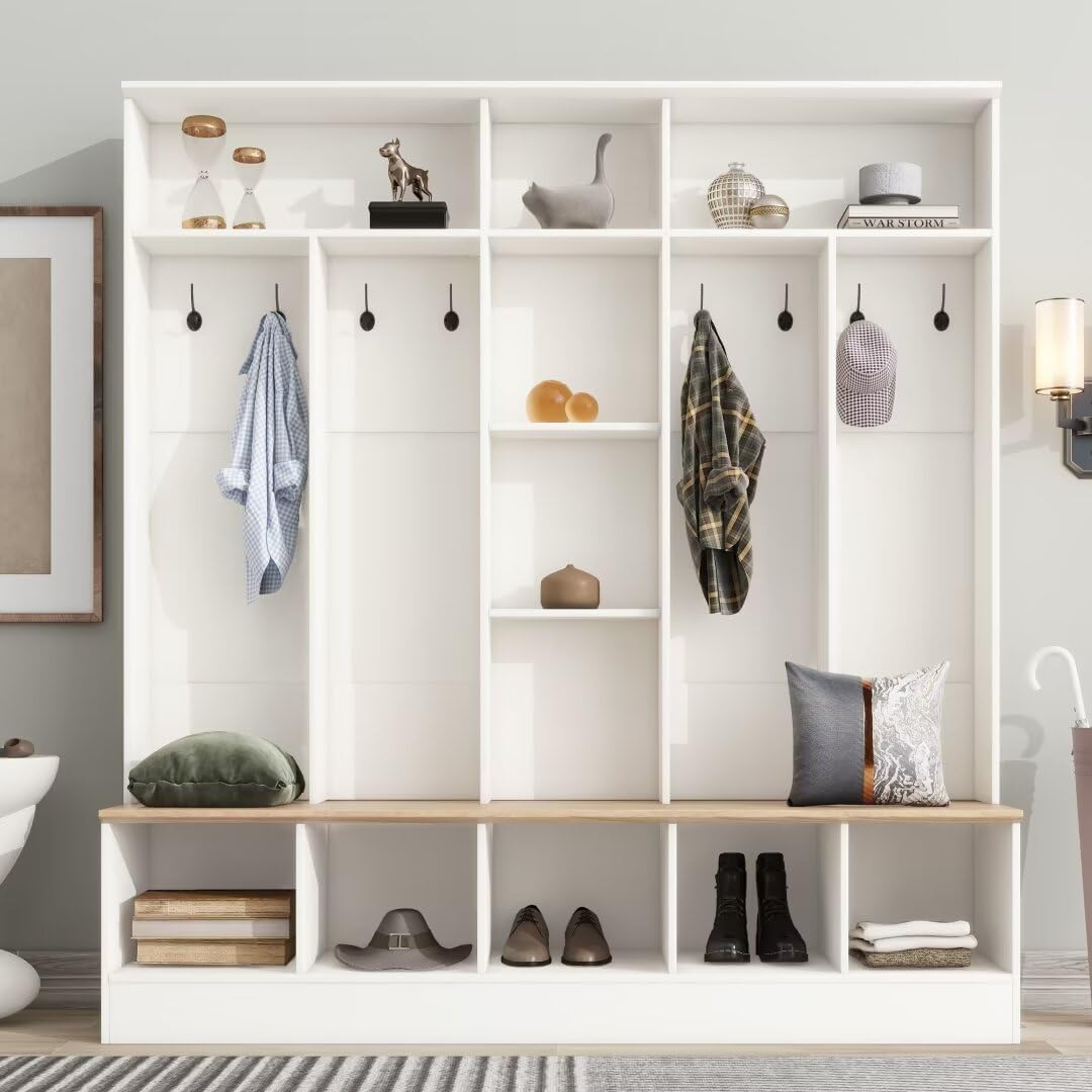 72" H Wide Design Hall Tree with Storage Bench, Minimalist Shoe Cabinet with Cube Storage & Shelves, Multifunctional Coat Rack with 8 Hooks for Entryways, Mudroom, White