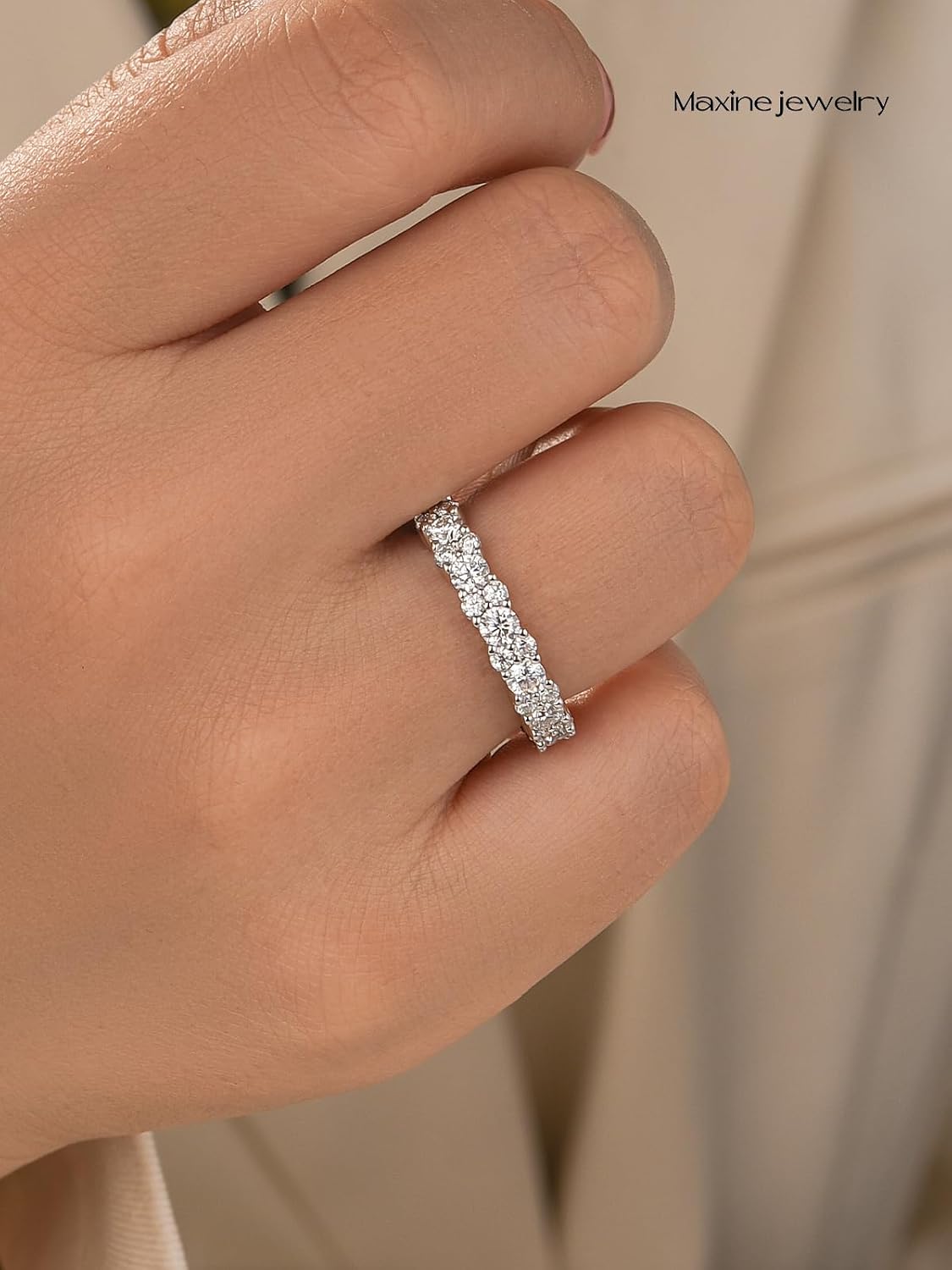 Maxinejewelry 2.5ct Round Moissanite Full Eternity Band Ring for Women,18K White Gold Plated 925 Sterling Silver D Color VVS1 Clarity Wedding Stackable Cluster Ring