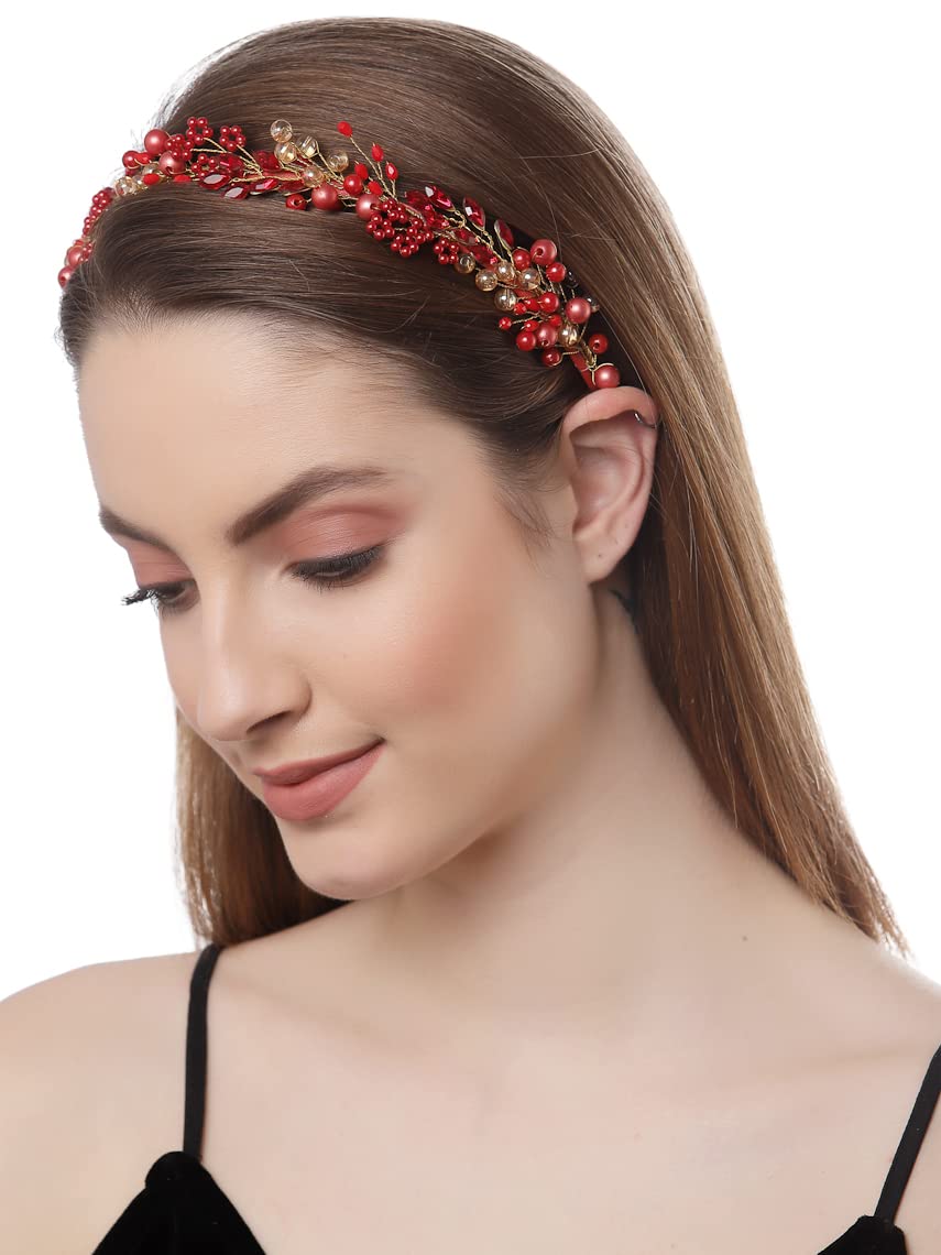 Vogue Hair Accessories Metal Handmade Party Fancy Wedding Bridal Headband Hairband Hair Accessories with Pearls and Crystal for Women And Girls – Red
