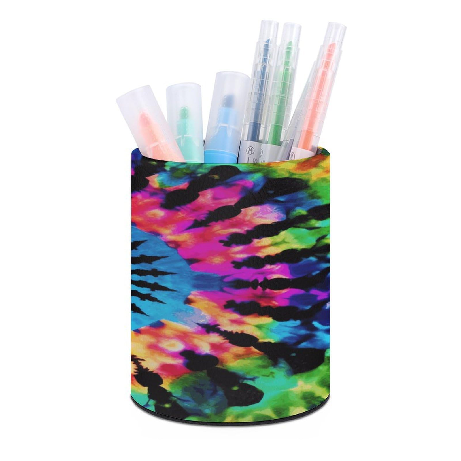FekiLoot PU Leather Round Pen Holder Exotic Tribe Tie Dye Style Pencil Holder Desk Organizer Pen Organizer Pen Cup Pencil Cup Caddy Desktop Stationery Organizers for Office Home Supplies