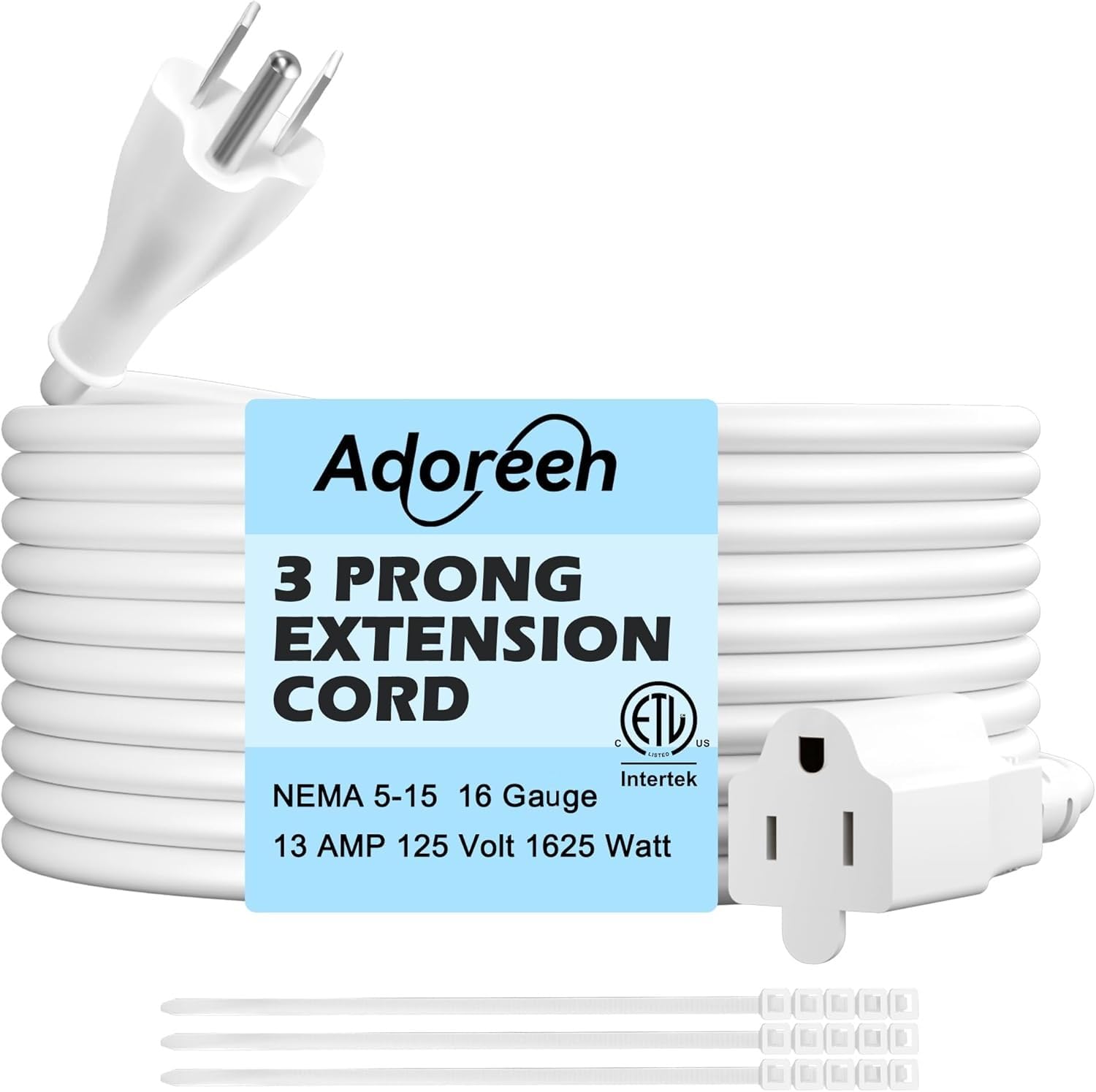 Adoreen Power Extension Cord 25 Ft White, Seamless One-Piece Molded Plug 3 Prong 16 AWG Grounded Wire Electric Cable for Home Office Appliances, 16
