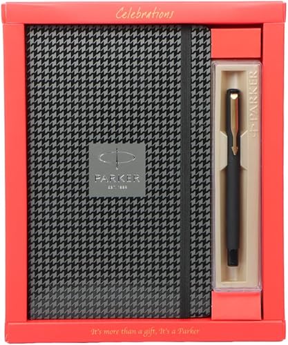 PARKER Vector Matte Black GT Rollerball Pen con A5 Negro Houndstooth Print Notebook