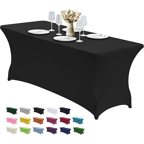 CWK 6FT Stretch Spandex Table Cover for Rectangular Fitted Folding Tables, Wrinkle Resistant, Elastic Stretchable Patio Tablecloth Protector for Party, Banquet, Wedding and Events (Black)