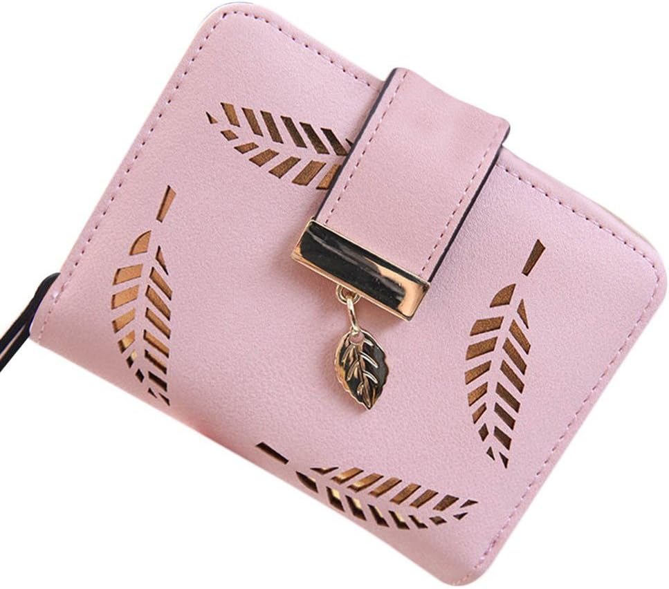 Women's Wallet Hollow Leaf Pattern Bifold Leather Lady Purse Coin Button Clutch Bag (Pink-short)