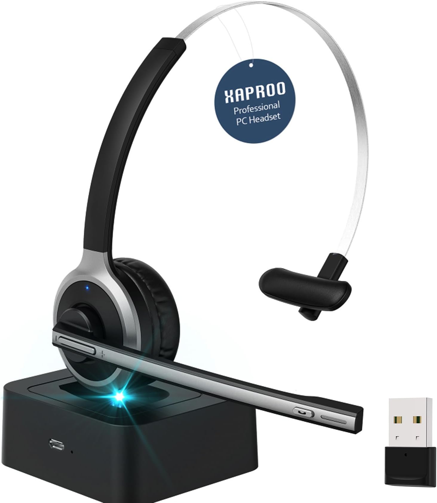 XAPROO Wireless Headset With Microphone for PC - USB Dongle, Single Ear, Flip-to-Mute, Charging Base for Home Office, Skype, Zoom (2024 Upgraded)