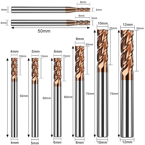Miniatura 2 de ASNOMY Juego de 8 fresas cuadradas de carburo de 2 a 0.472 in, cortador de molino de extremo de carburo de micrograno de 0.079-0.472 in para aceros