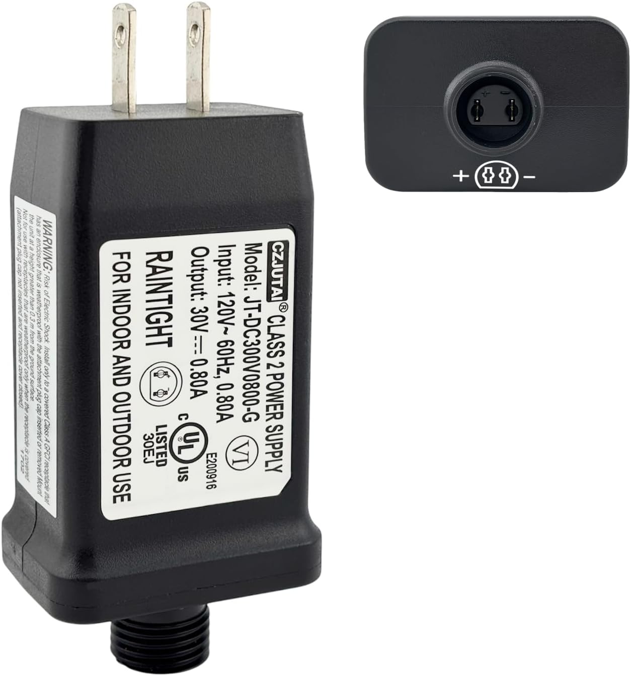 Power Supply JT-DC300V0800-G Class 2 LED Transformer 30V 0.8A 24W Raintight IP44 US Plug Connector 5/8in 15 mm Adapter Replacement for LED String Light Holiday Lighting Christmas X-Mas Tree