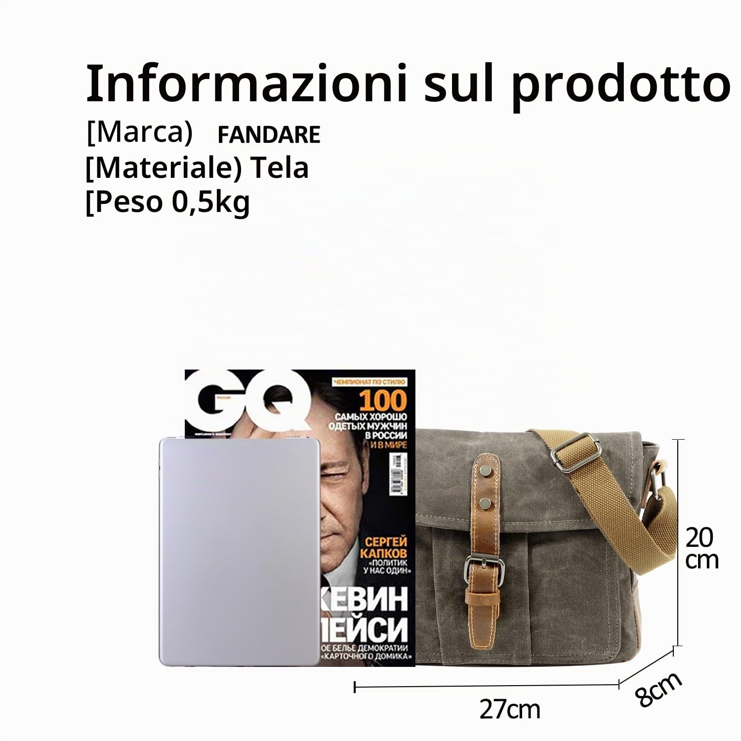 FANDARE Moda Borsa a Tracolla Laptop da 7.9 Pollici Piazza Affari Studente Viaggio Portatile Uomo Multifunzione Envelope Crossbody Bag Traspirante Tela Verde