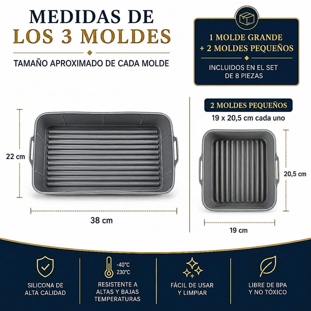 Pack para freidora de aire de 8 piezas compatible con Cosori Twinfry 10 l | 3 moldes con base de ondas suaves, 4 moldes de formas y rejilla S304 de doble altura, aptos para lavavajillas y hasta 230 °C