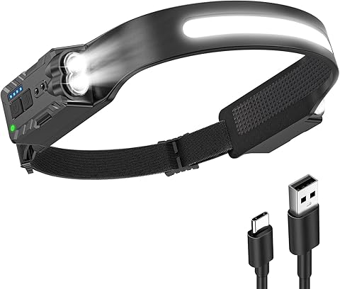 Diboniur Linterna Frontal, Linterna Frontal LED Recargable con 8 Modos de Luz, IPX4 Impermeable Linterna Cabeza con Sensor de Movimiento, Ángulo amplio de 340° Linterna de Cabeza para Camping, Correr