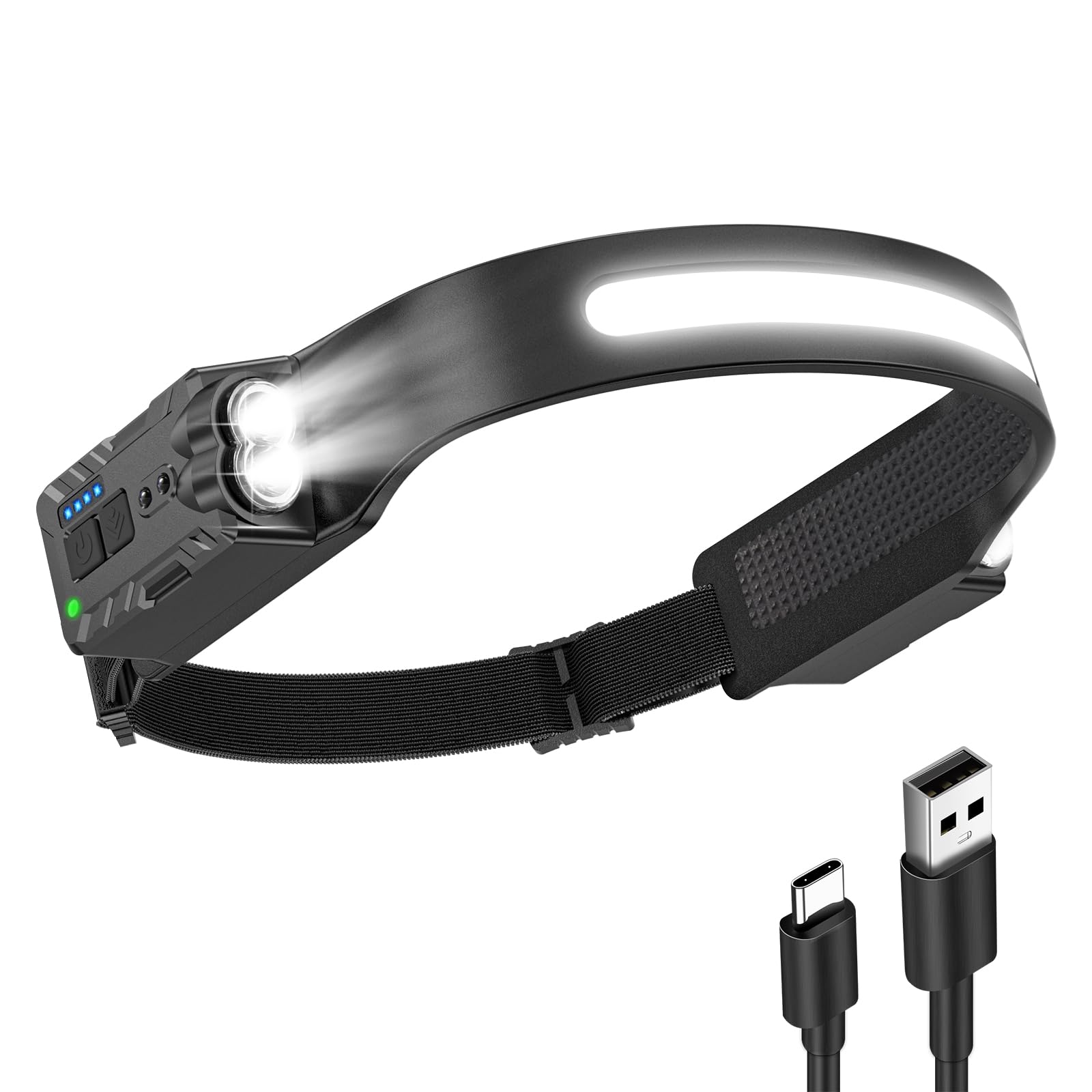 Diboniur Torcia Frontale,Lampada Frontale con 8 Modalità di Illuminazione,340° Angolo Ampio Torcia Frontale LED Ricaricabile con Sensore Movimento,IPX4 Impermeabile Torcia da Testa per Campeggio,Corsa