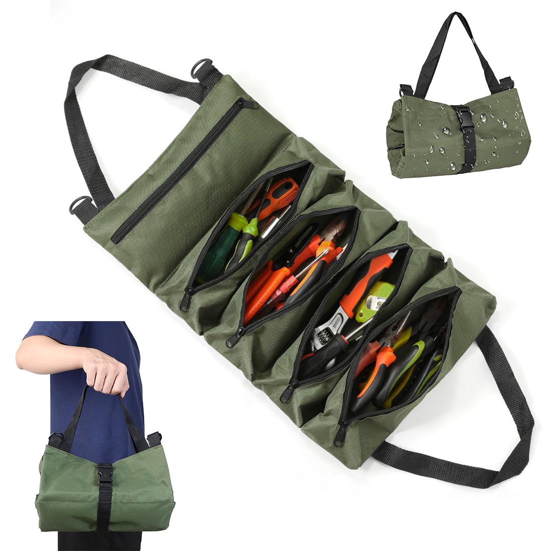 Borsa portautensili Bangbobi, piccola e vuota, con 5 tasche con cerniera, tessuto Oxford, passante per appendere, perfetta per elettricisti e artigiani, borsa portautensili a rotelle