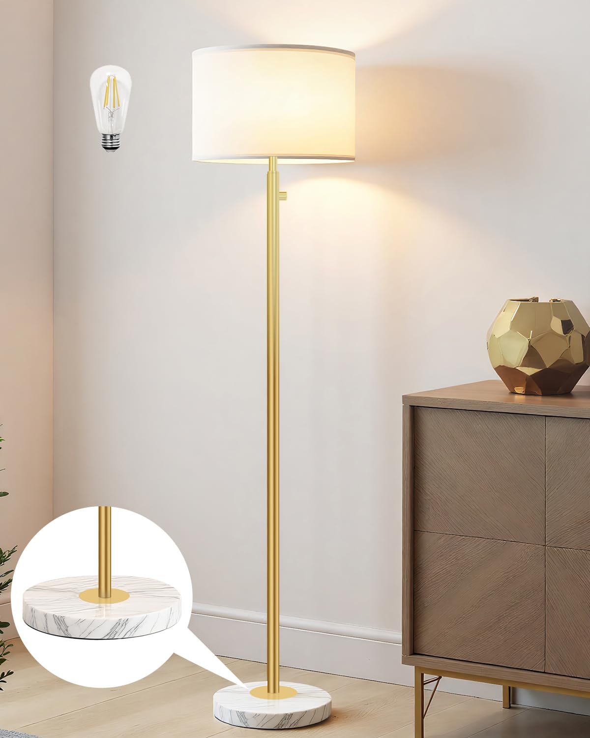 Gold Floor Lamps for Living Room LED Bulb Included Dimmable Floor Lamp with Linen Shade Modern Standing Lamp