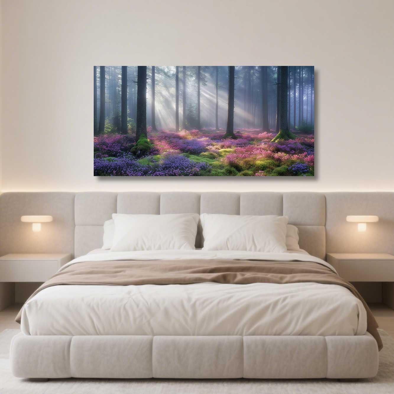 ZSHARTSWD Forest Light Wall Art for Living room Morning Sunlight Forest Pictures Trees Canvas Prints Nature Landscape Painting for Bedroom Office Decor Framed (Purple, 12L x 24W)