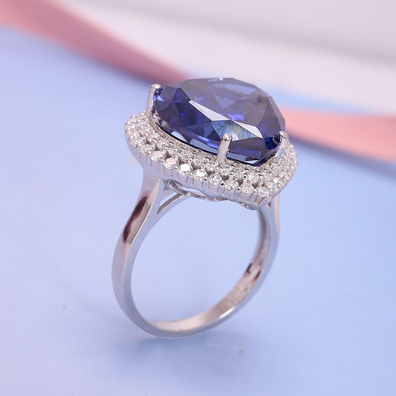Anello per gioielli in oro bianco 14 carati 585, anello per l'eternità, fedi nuziali in laboratorio, con zaffiro 4 carati, cuore blu, oro 14 carati, con moissanite da donna, misura 61, Oro