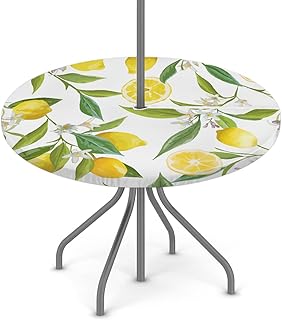 Round Fitted Tablecloth with Umbrella Hole Lemon Flower Leaf Outdoor Tablecloth Waterproof Umbrella Table Cloth Zippered Tablecloth 45"-56" Round Elastic Table Cover for Patio
