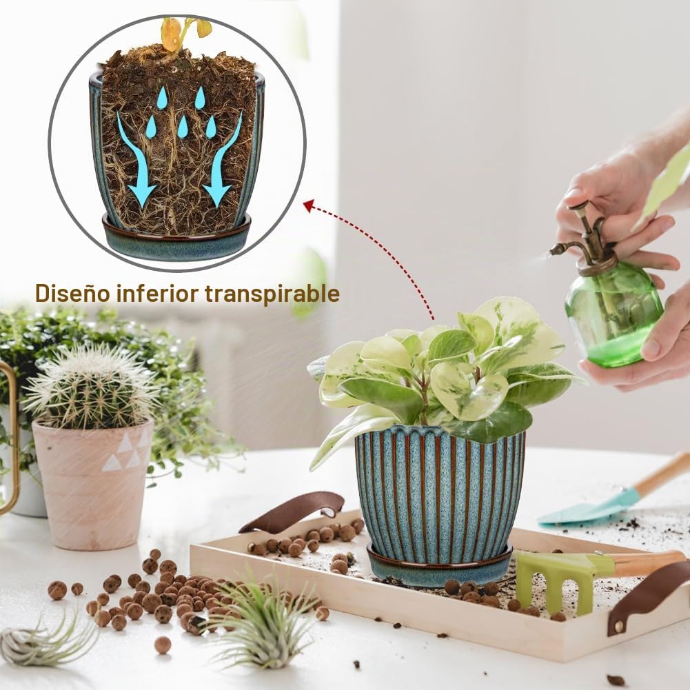 Oairse Juego de 2 Macetas de Cerámica para Plantas 13CM 15CM Maceta de Cerámica Azul con Agujeros de Drenaje y Platillos Macetas Decorativas a Rayas para Interiores Macetas Modernas para Flores para