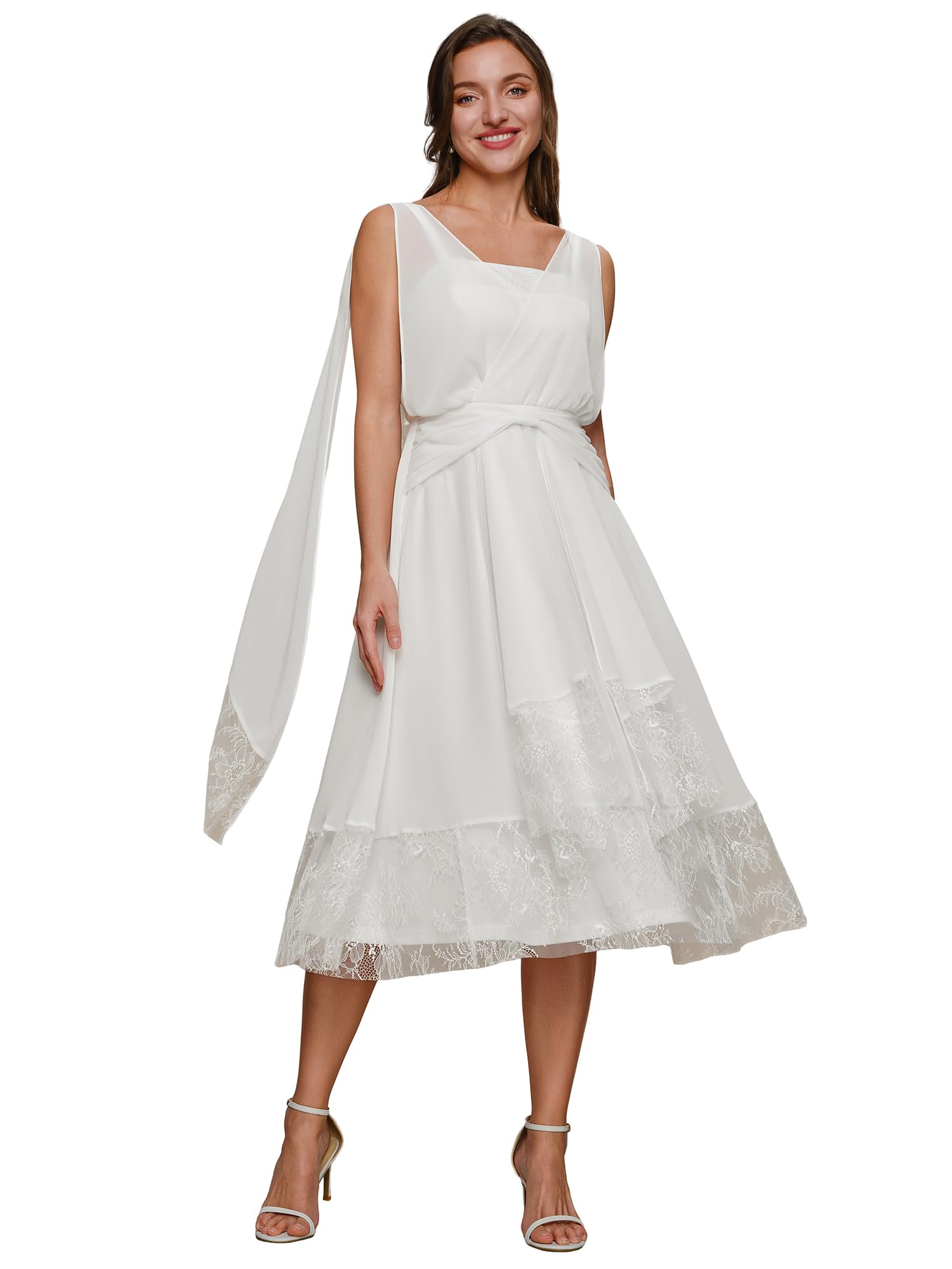 Ever-Pretty Robe de Soirée Midi en Mousseline Col V sans Manches Dentelle A-Ligne EG02746