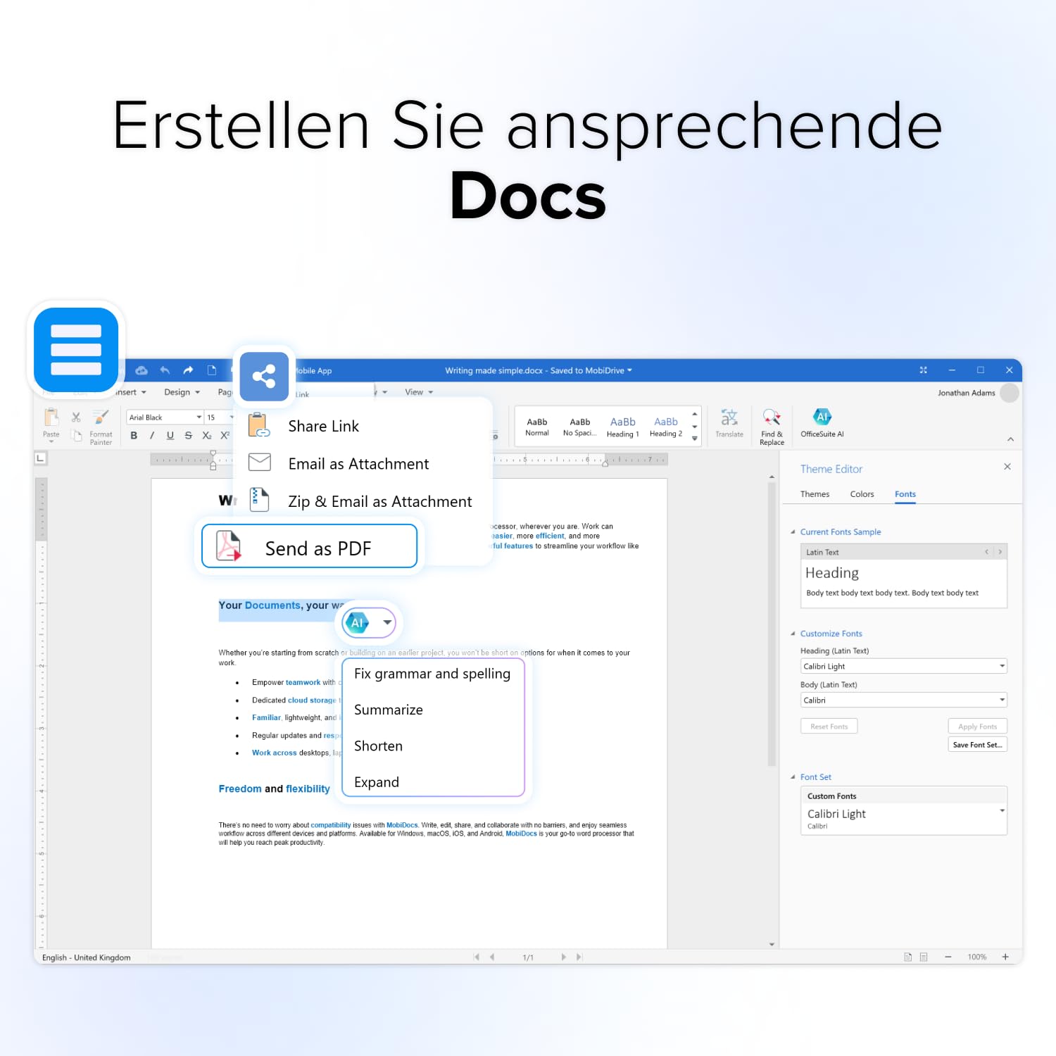 MobiOffice Lifetime: 4-in-1-Bürosuite für Windows | Lifetime-Lizenz | Textverarbeitung, Tabellenkalkulation, Präsentationen, E-Mail + kostenloser PDF-Reader