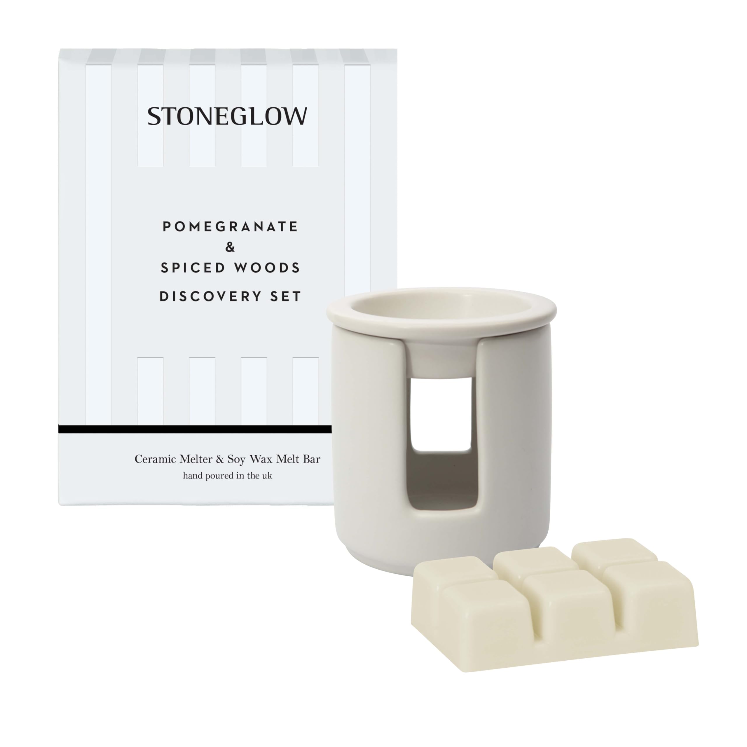 Stoneglow Modern Classics Collection - Pomegranate & Spiced Woods - Ceramic White Wax Melter & Soy Wax Melt Bar Discovery Set (White)