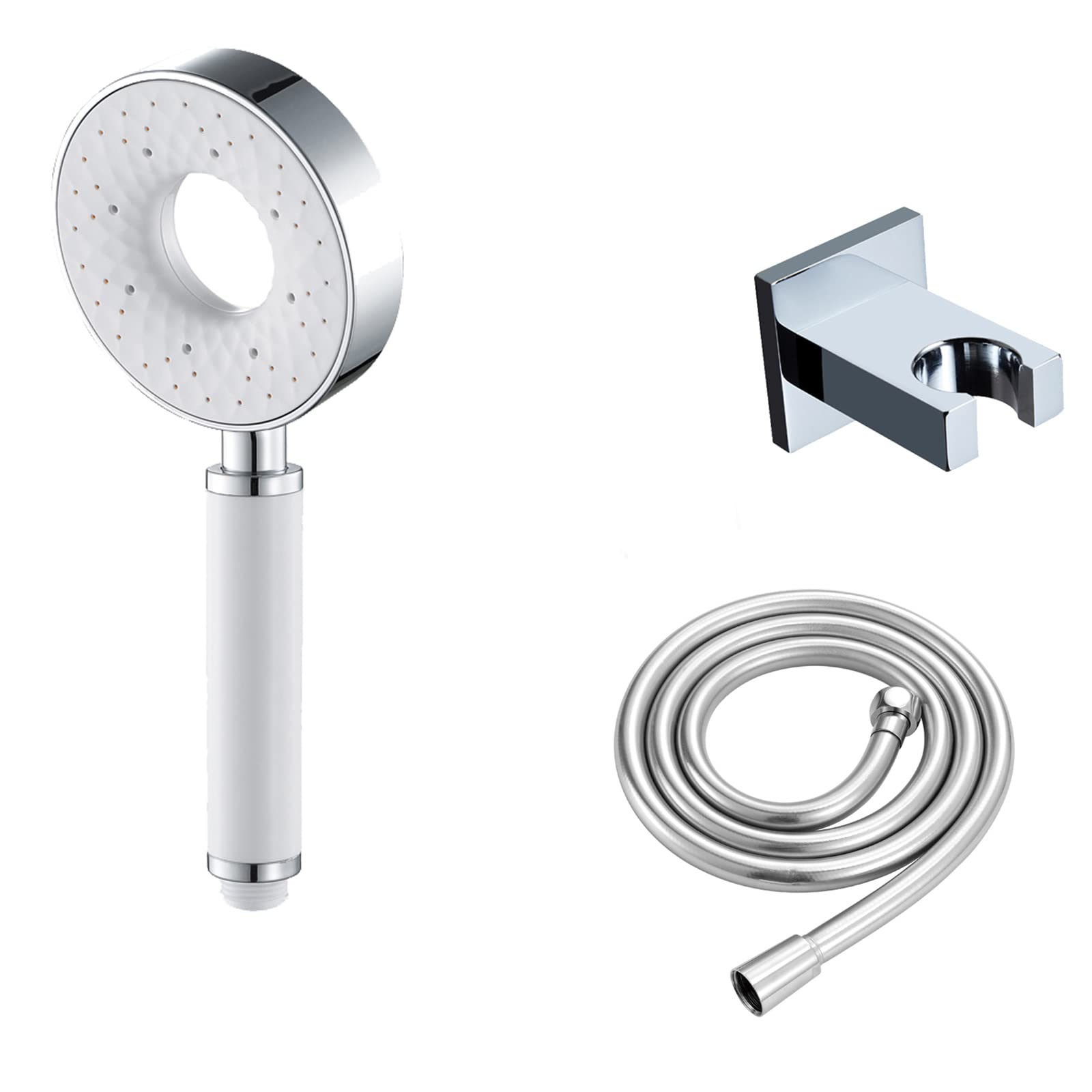 WRIST Cabezal De Ducha De Mano, Cabezal De Ducha De Alta Presión con 3 Modos De Cabezal De Ducha ABS con Manguera De PVC De 59 Pulgadas Y Soporte De Latón,Blanco