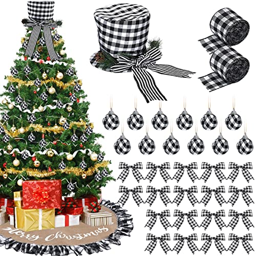 40 Inch Christmas Tree Skirt And Christmas Tree Topper Hat, Buffalo Plaid Fabric Ball, Xmas Ribbons, 16 Pcs Buffalo Plaid Christmas Tree Decorations #TOP29