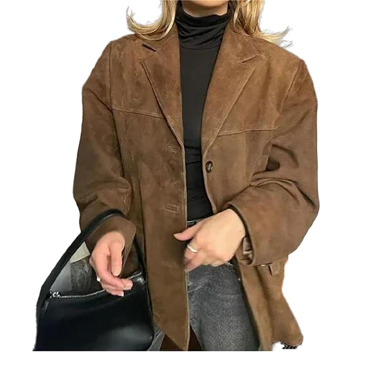 Damskie Faux Suede Kurtki Lapel Kołnierz Suede Marynarka Jesień Zima Długi Rękaw Moda Zamsz Kurtki