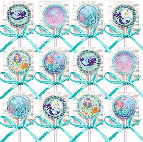 MERMAID Lollipops Party Favors Supplies Decorations Suckers with Turquoise Ribbon Bows Party Favors -12 pieces, Aqua Blue Lavender Purple