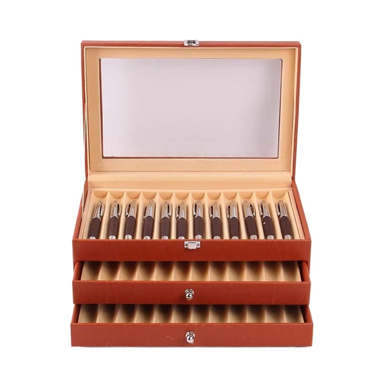 présentoir stylos bois Présentoir à stylos 12/24/36 emplacements, en cuir et flanelle, avec fenêtre verre - Fournitures scolaires de bureau(Color 11)