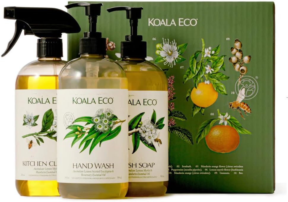 Gift Set of 3 Includes: Kitchen Cleaner, Dish Soap, Hand Wash, Beautifully Packaged - Australian Lemon Eucalyptus, Lemon Myrtle & Rosemary Essential Oil, 16 oz (3 Pack)