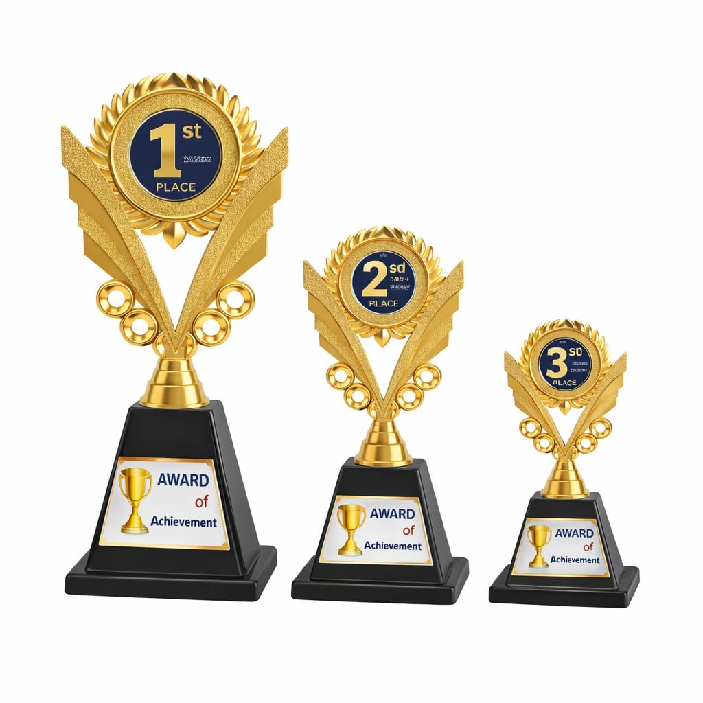 gold winner trophy set of 3 | premium metal finish awards (17 cm, 19 cm & 21 cm) | ideal for sports, school, corporate & achievement ceremonies