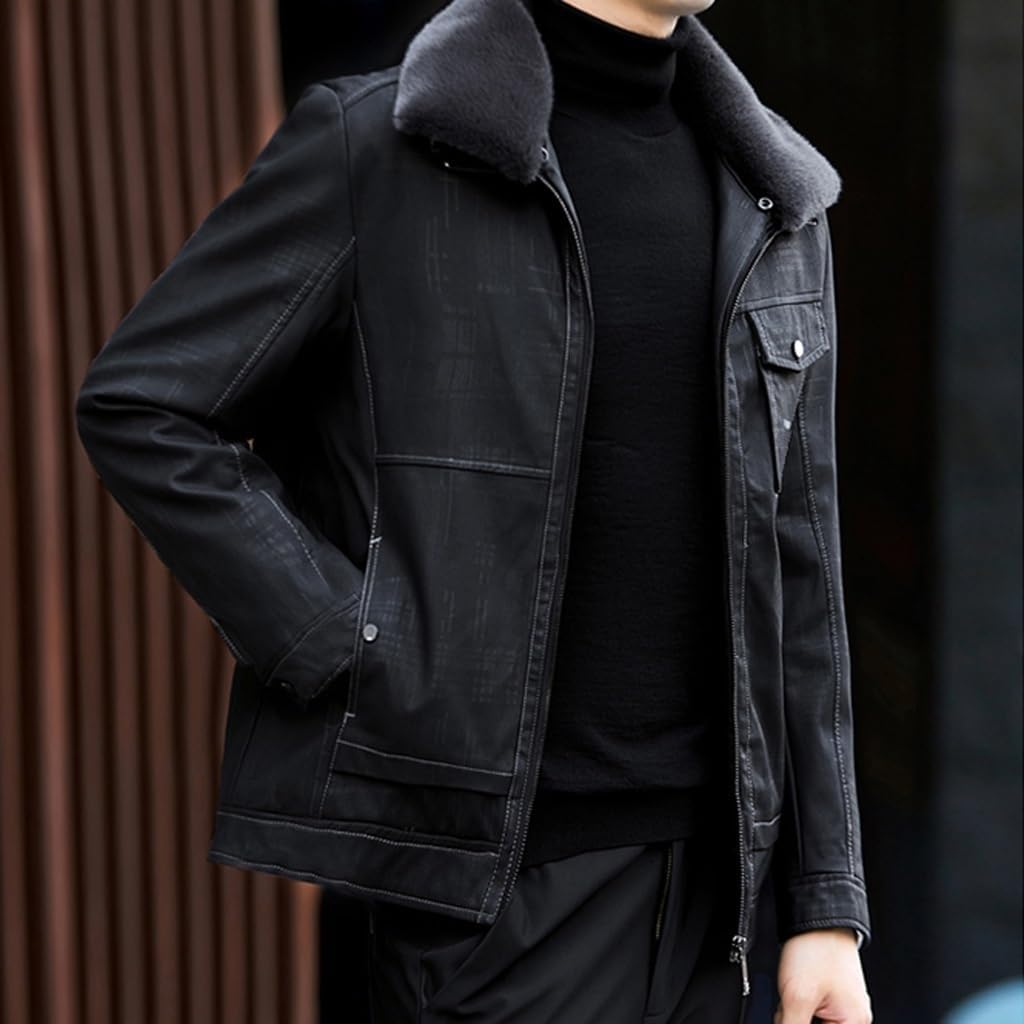 Men's Leather Jackets Men Winter Warm Collar Casual Jacket Shearling Leather Coat