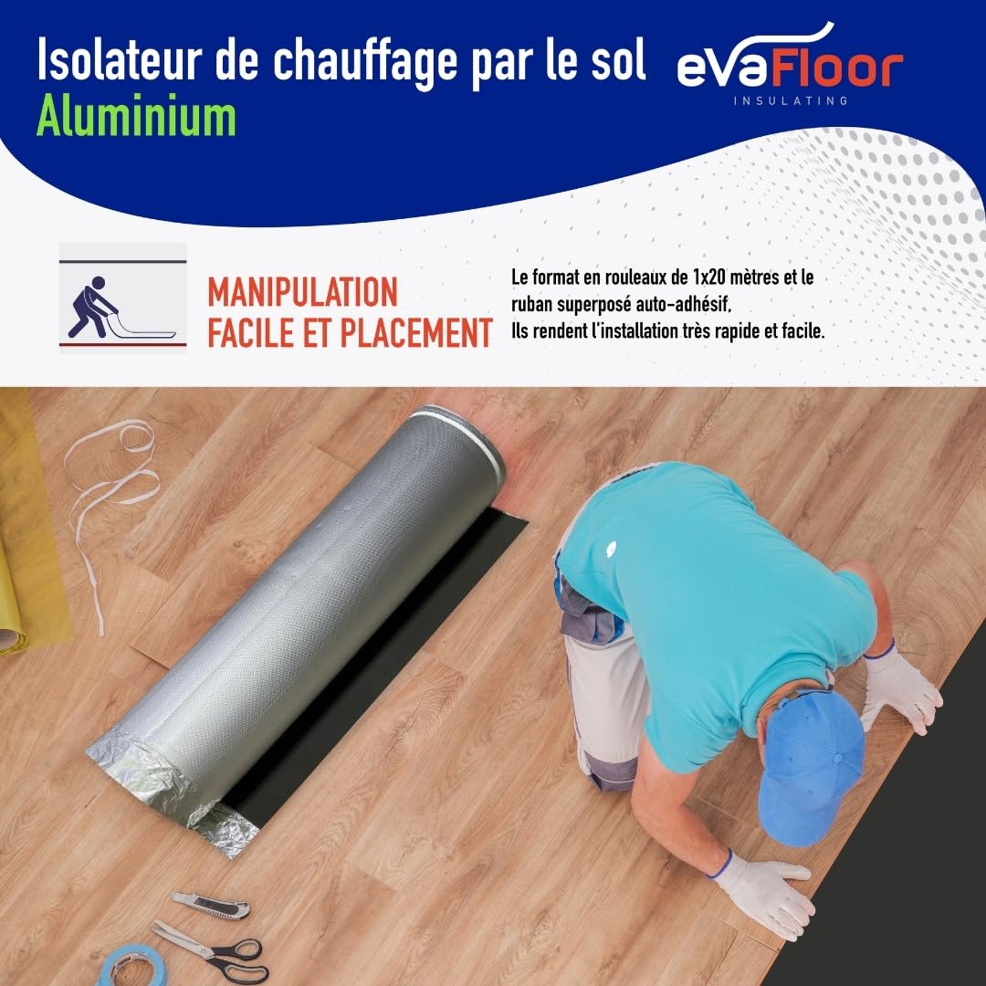 Sous Couche Parquet Aluminium 1x20 mètres | Sous-Couche Isolant pour Sol Stratifié Chauffant | Fabriqué avec Base EVA 2mm + Film Aluminium | Inclut Adhésif